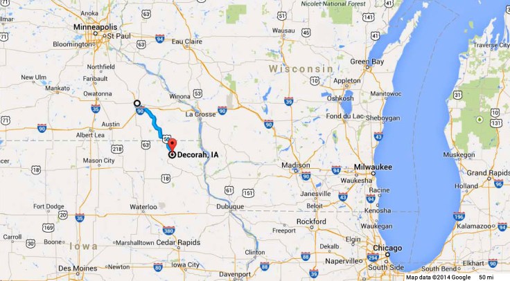 The blue line shows the route from I-90 to Decorah, Iowa.