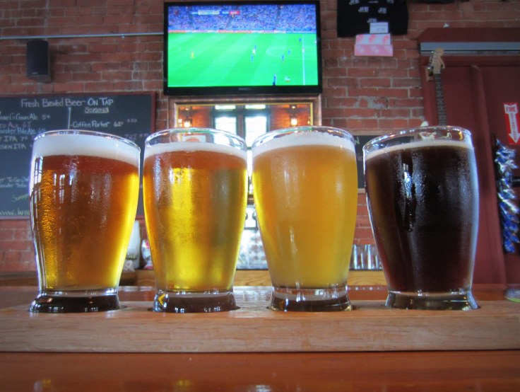 Watching the world cup in style. The beers from left to right are JAF IPA, Hop Stunt IV, Harvest Saison and Roggenbier.