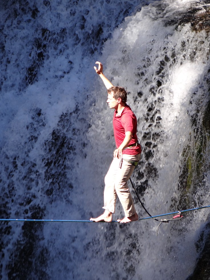 Walking the tightrope over Tumalo creek.  People will do anything for a beer in Bend.
