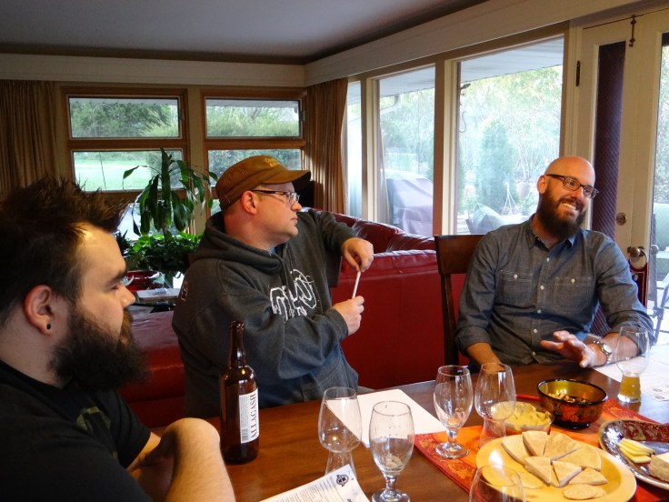 The distinguished tasting panel debate the ultimate balance of hops and malts. From left to right, Paul Gardner, Jim Ellison and Mark Richards.