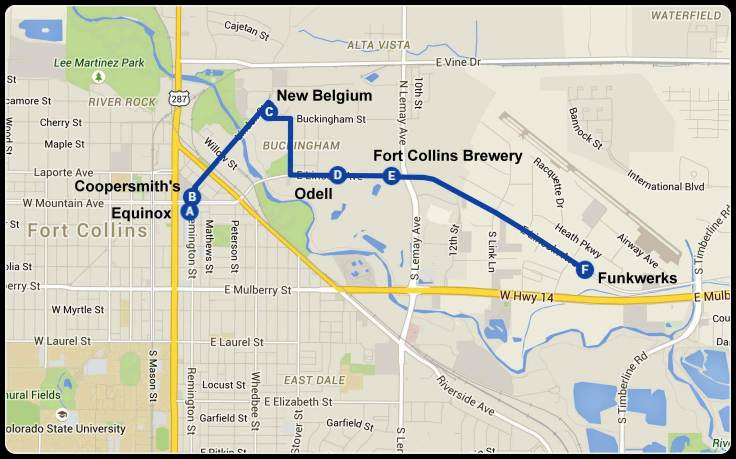 The stops on the Fort Collins leg of our trip. As a sense of scale the distance from Equinox to Funkwerks is just over 2 miles.