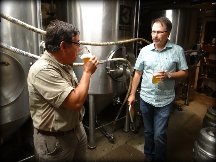 Angelo shows us around the brewing equipment in the basement of the Alehouse. 
