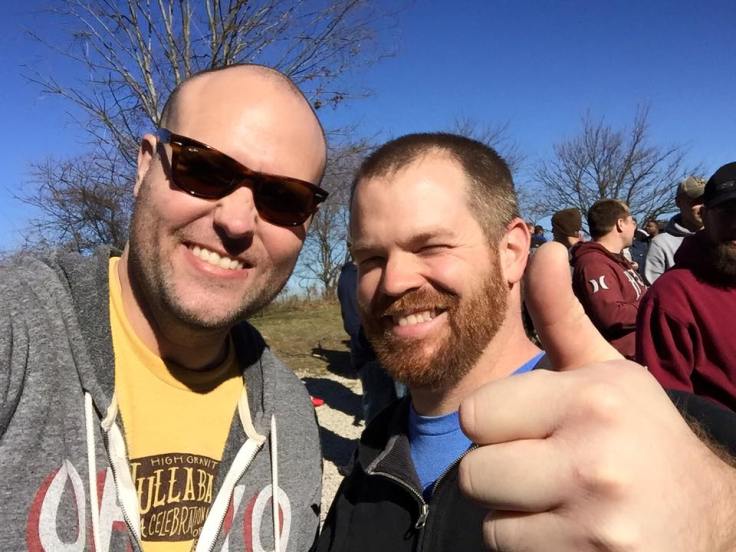 Doug Oldham celebrates landing the first allotment of Dragonsaddle with Hoof Hearted's Ryan Bichon.