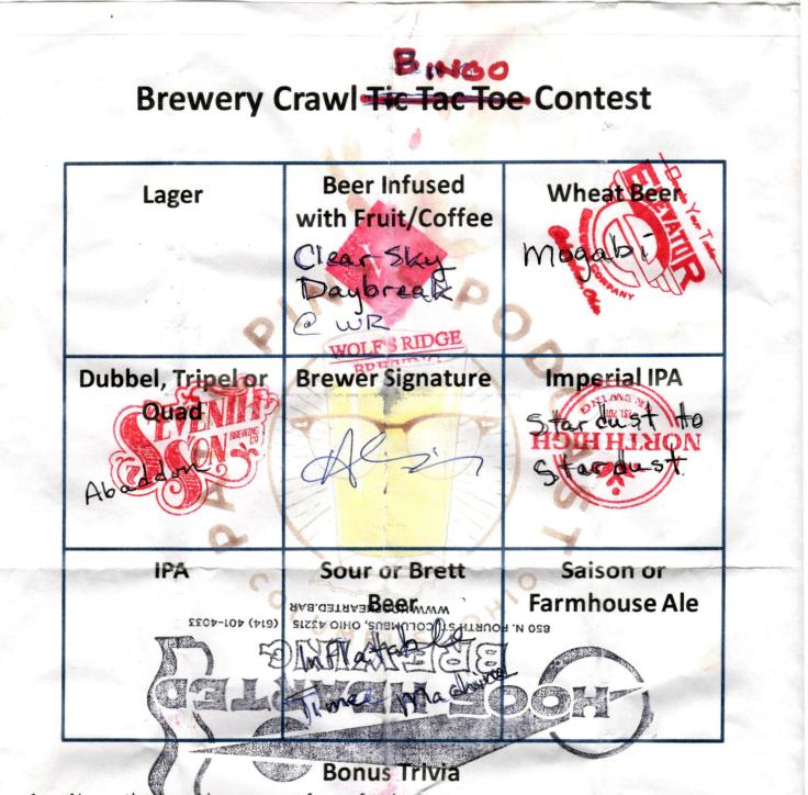 brewery crawl bingo sheet